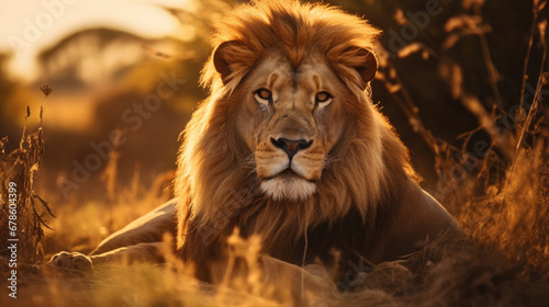 A large majestic male lion with beautiful fur is resting on the safari savanna grass with a beautiful golden light created with Generative AI Technology © AstraNova