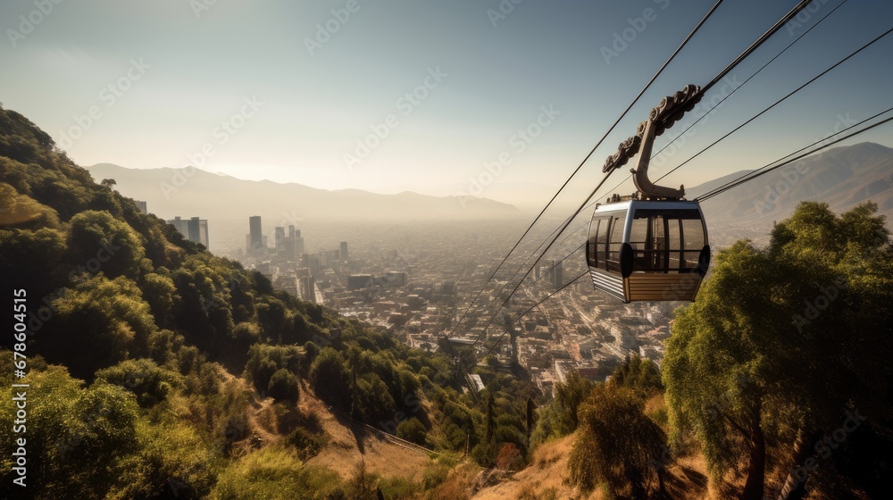 Cable car in San Cristobal hill, overlooking a panoramic view of Santiago de Chile.
