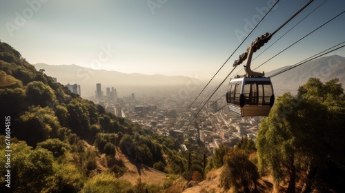 Cable car in San Cristobal hill, overlooking a panoramic view of Santiago de Chile. photo