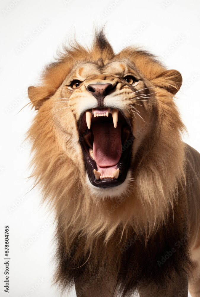 Lion with a full mouth yawns and growls isolated on a white background created with Generative AI Technology