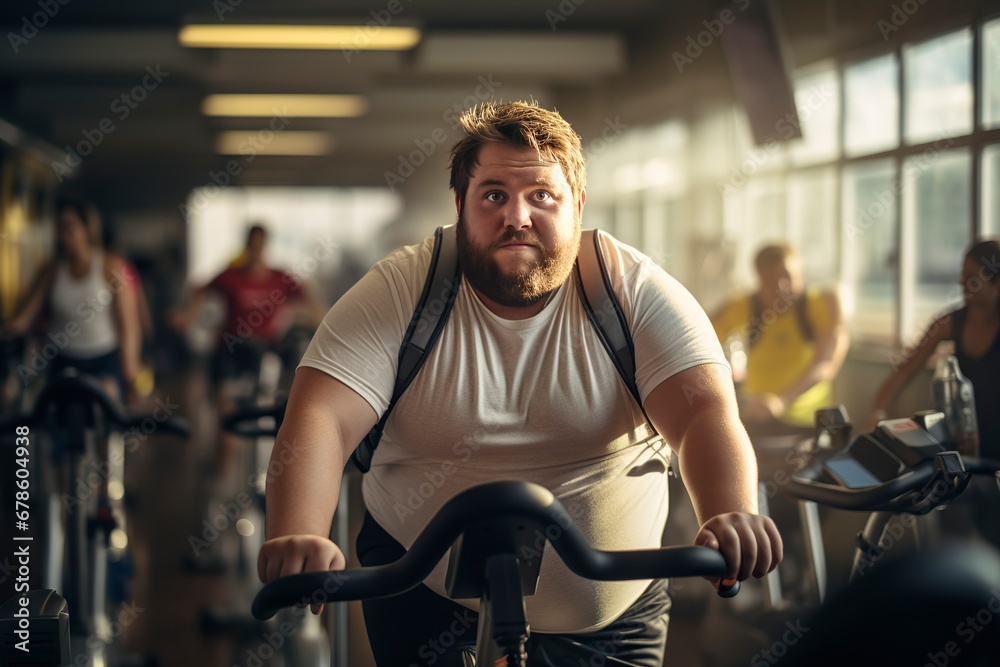 Overweight man cycles diligently in the gym. A testament to determination and a healthy lifestyle. 'generative AI' Overweight man cycles diligently in the gym. A testament to determination and a healthy lifestyle. 'generative AI'