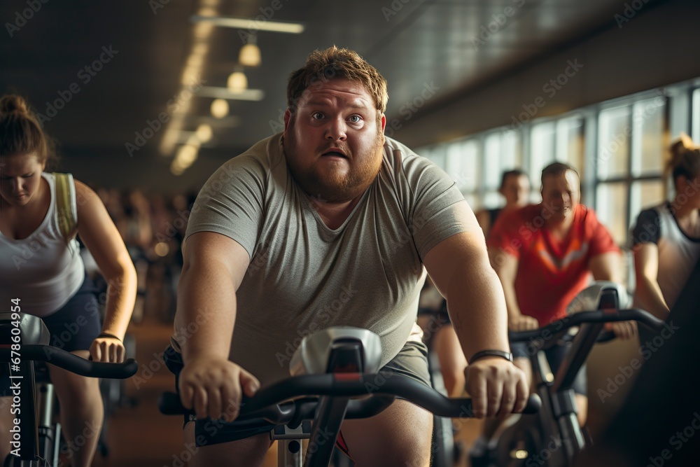 Overweight man cycles diligently in the gym. A testament to determination and a healthy lifestyle. 'generative AI' Overweight man cycles diligently in the gym. A testament to determination and a healthy lifestyle. 'generative AI'