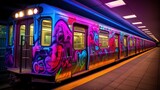 A vibrant subway train with dynamic graffiti, urban artistry shining under colorful lighting in a station, captures the essence of city life.Generative AI