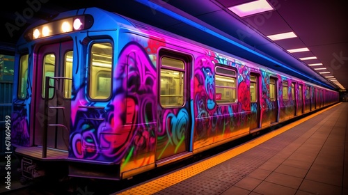 A vibrant subway train with dynamic graffiti, urban artistry shining under colorful lighting in a station, captures the essence of city life.Generative AI photo