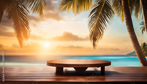 A round  empty wooden platform on top of a table with a backdrop of a tropical beach 