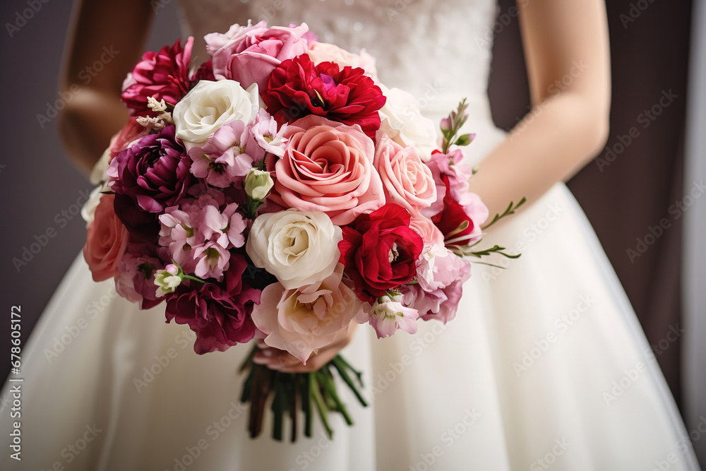 an elegant bride with a beautiful flower bouquet,with empty copy space in the style of light viole, red and dark pink, close up
