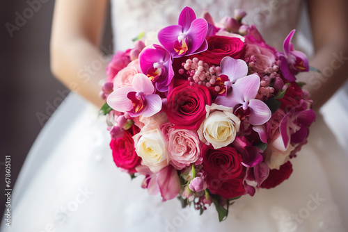 an elegant bride with a beautiful flower bouquet,with empty copy space in the style of light viole, red and dark pink, close up