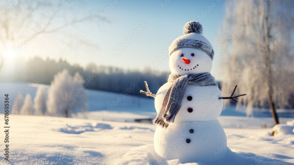 Fototapeta premium A happy snowman welcomes winter in a quiet snowy landscape on a sunny day.