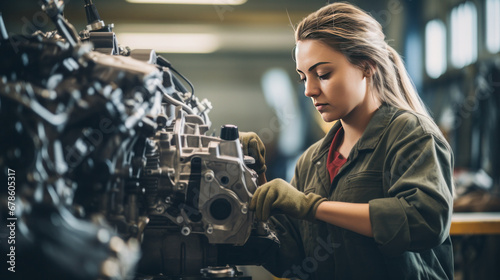 a Female worker assembling engines on a vehicle assembly line in the automotive industry.