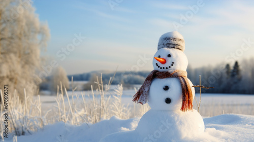 A happy snowman welcomes winter in a quiet snowy landscape on a sunny day. © Wararat
