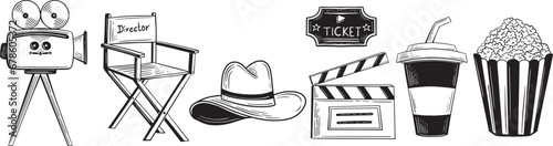 hand drawn cinema, film elements collection vector illustration