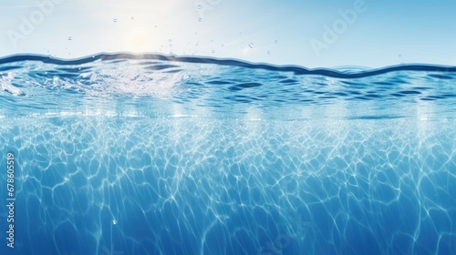 Clear blue water surface with splashing ripples. Abstract summer banner background water waves in sunlight