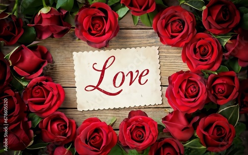Vintage love postcards are surrounded by a bed of red roses, creating a sensory-rich and visually stunning display