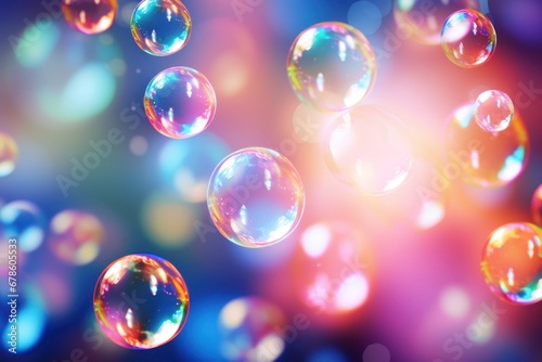 Transparent vector soap bubbles flying on abstract background. Brightly colored or round glass beads