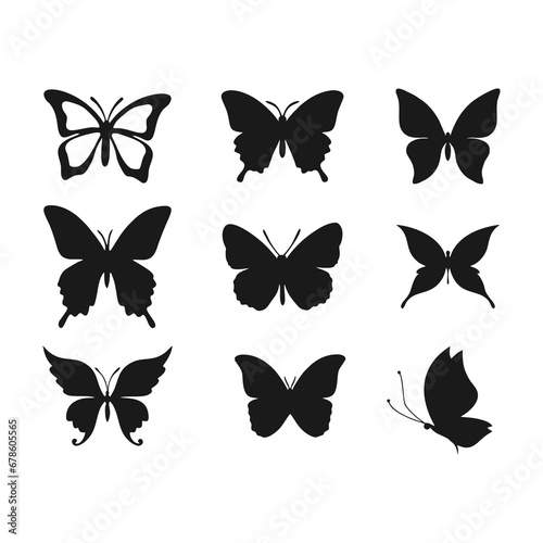 Cute butterflies silhouette set vector on a white background. Butterfly icons and silhouette collection. Beautiful monarch butterfly flying in different positions. Butterfly silhouette set design