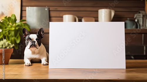 blank white sheet of paper on the table with a cute Boston terrier bulldog dog in the background created with Generative AI Technology