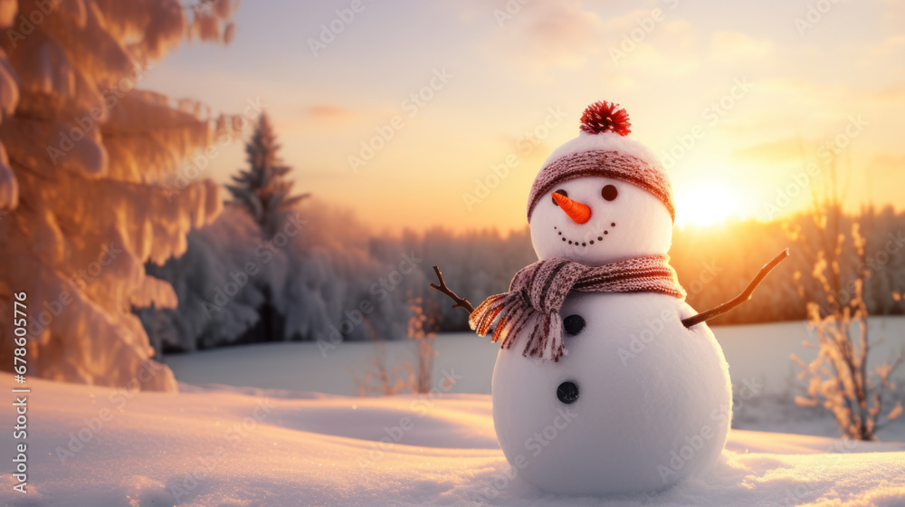 Obraz premium a smiling snowman at a winter sunset.
