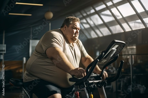 Overweight man cycles diligently in the gym. A testament to determination and a healthy lifestyle.  'generative AI' © ballabeyla