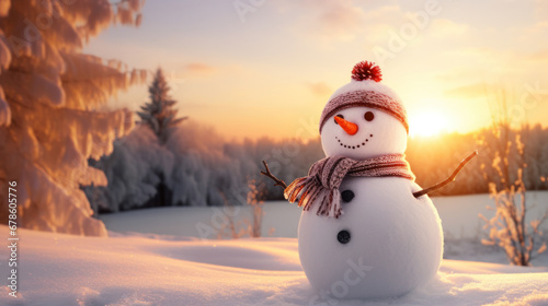 a smiling snowman at a winter sunset. © Wararat