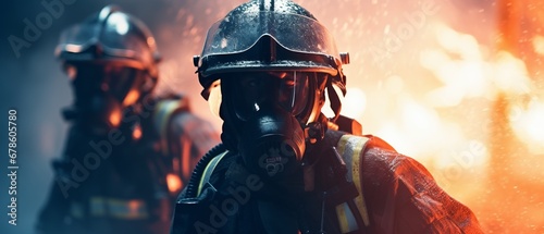 Firefighters bravely face the flames in protective gear with fire extinguishers in their hands. Courage concept photo