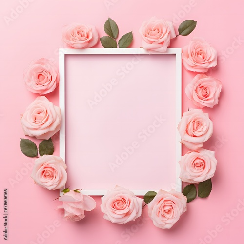 Beautiful flowers composition. Blank frame for text, pink rose flowers on pastel pink background. Valentines Day, Easter, Birthday, Happy Women's Day, Mother's day. Flat lay, top view, copy space.