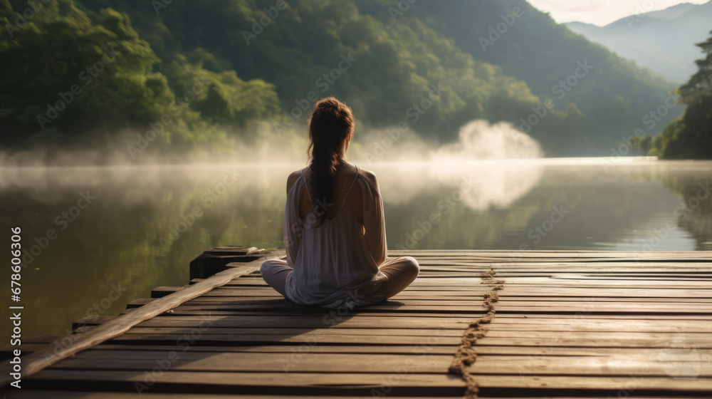 a young woman meditating on a wooden pier on the edge of a lake. mental health concept.