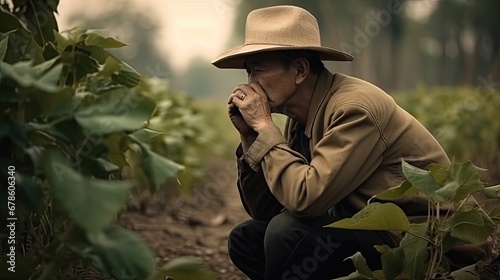 Fail, unsuccessful or very tired farmer concept. Asian farmer is working in the field of tobacco tree, sitting and feeling quite bad, sick and headache. Agriculture business concept.