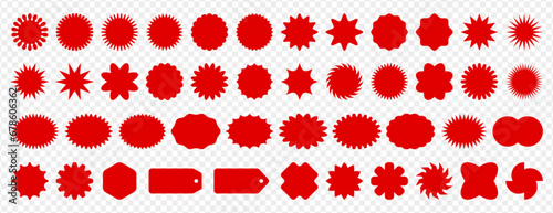 Starburst promotional badge set. Red price stickers, sunburst promo tags, vintage discount or special offer labels. Empty sale label, sunburst icons. Design elements, blank badges on white background.