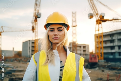 beautiful girl in a yellow construction helmet against the background of construction, cranes and other construction equipment.​