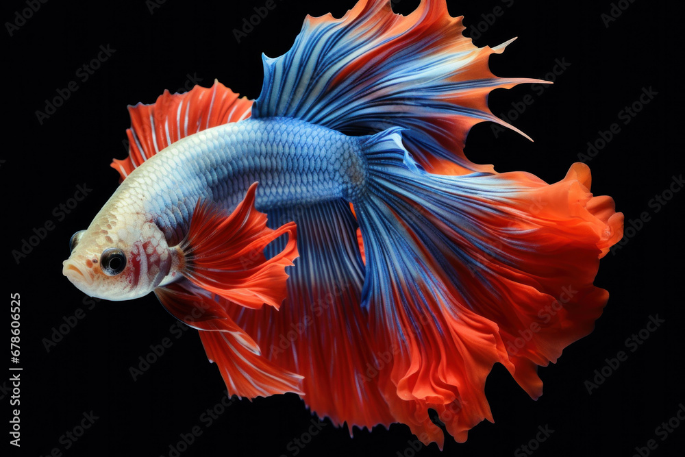 Fototapeta premium Amazing siamese fish with flower tail and fins. Colorful floral fighting betta fish isolated on black.