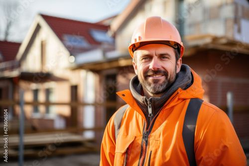 A smiling male foreman in orange overalls stands against the backdrop of a new house being built. Concept for the construction of new apartments and real estate