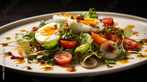 Smoked salad with vinaigrette served on a white plate