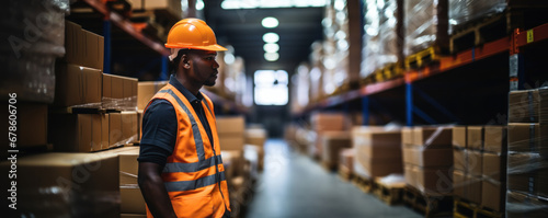 A worker in a hard hat in a large warehouse among shelves with boxes photo