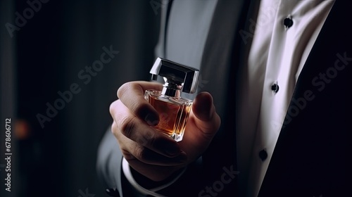Fragrance smell. Men perfumes. Fashion cologne bottle. Man holding up bottle of perfume. Men perfume in the hand on suit background. Man in formal suit, bottle of perfume, closeup. photo