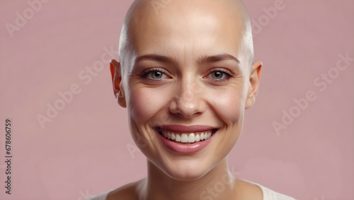 portrait of smiling bald woman suffering from cancer isolated on background