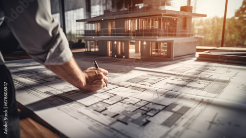 architect reviews blueprints in a renovation, plans, builds. Construction projects concept.