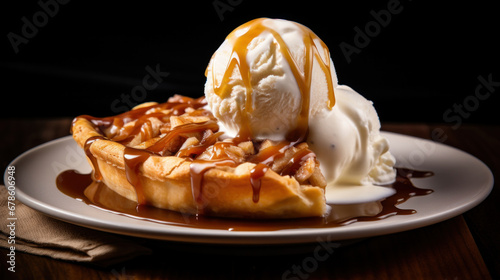 Apple pie with caramel topped with a scoop of vanilla ice cream.