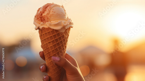 Close up of a Female hand holding an ice cream cone.