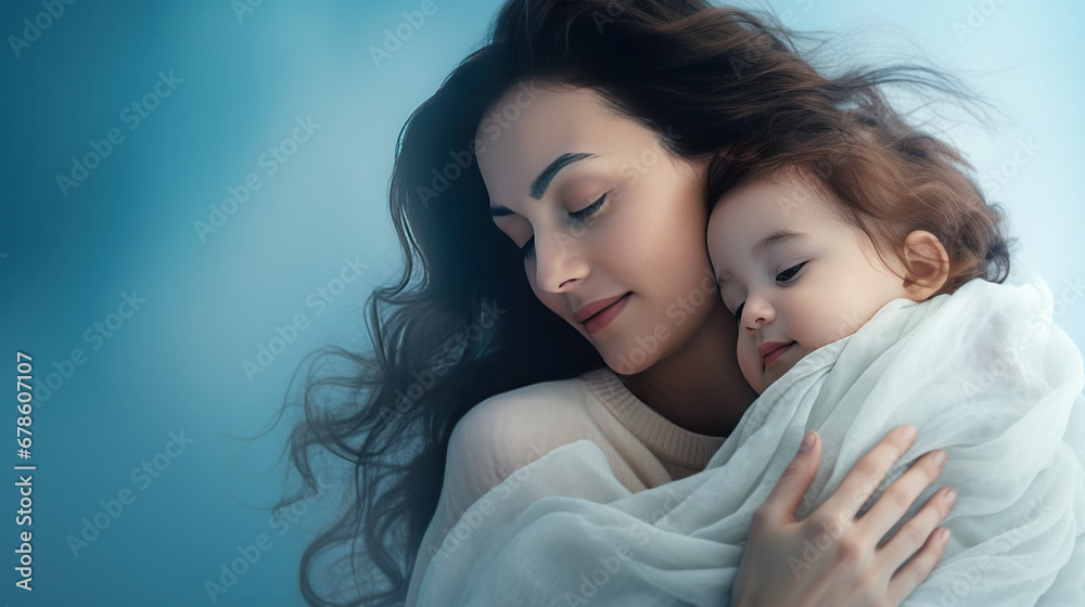 Mother and child on a light blue background embracing, Mothers day concept. Mother and child on a light blue background embracing, Mothers day concept.
