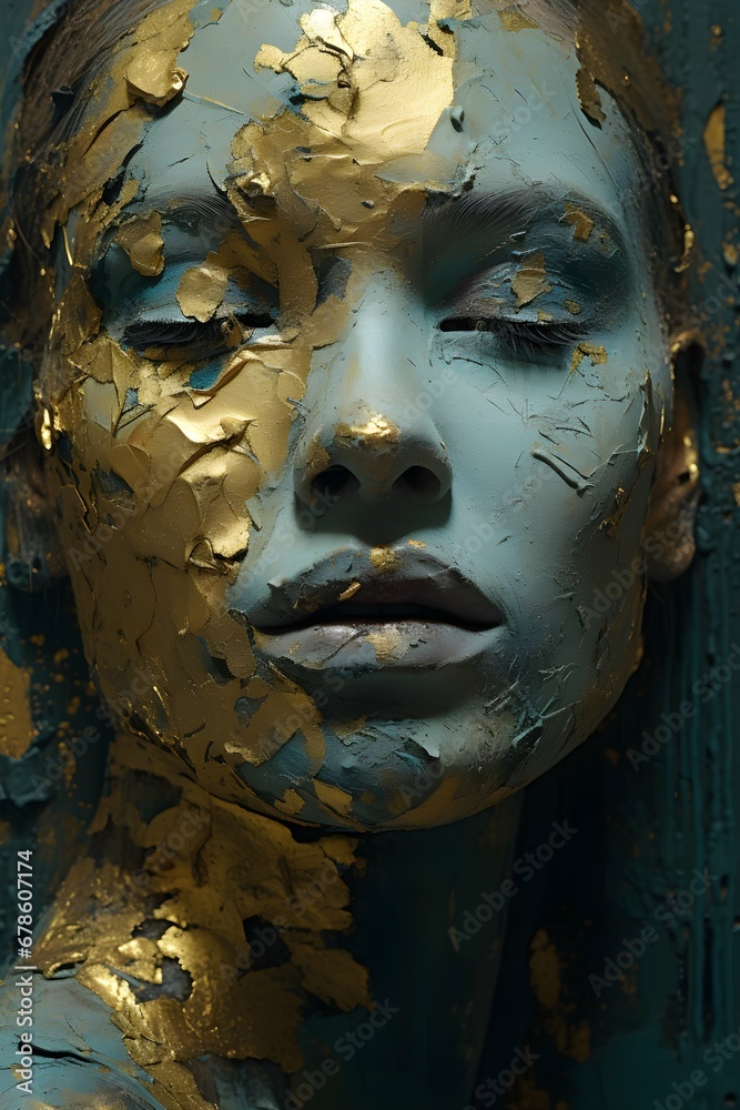 Portrait artwork of woman because of rotten and rust peeling paint with gold green white colors