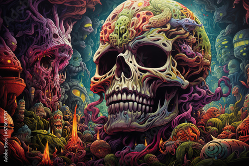 Creepy trippy design art death. Skull poisonous palette, hallucinogenic surrealism © Sergio