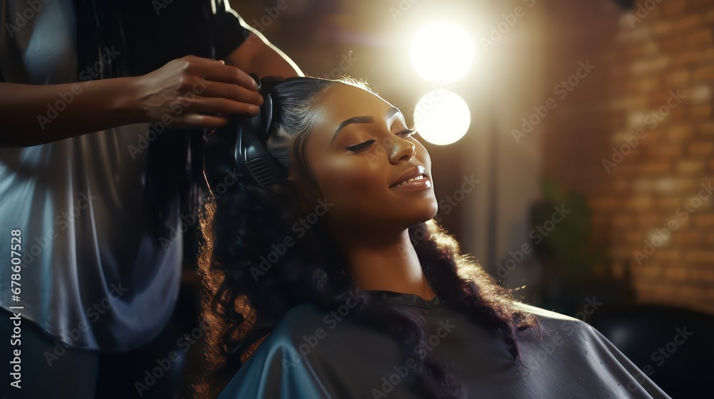 Fototapeta premium black woman hairstyling at salon