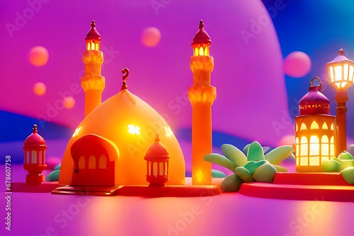 A Night in Ramadan, Colorful Mosque and Lantern with Glowing Lights