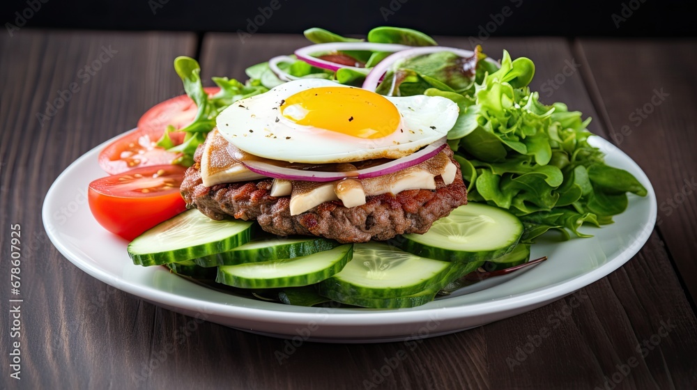 Low fat healthy salad against unhealthy greasy burger.