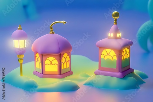 A Night in Ramadan, Colorful Mosque and Lantern with Glowing Lights