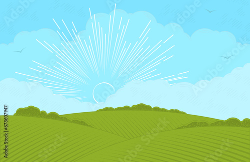 Rural landscape with sun and hills. Agricultural fields and gardens.