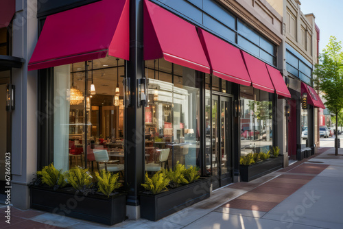 Cafe building exterior with blank red awnings and big windows photo