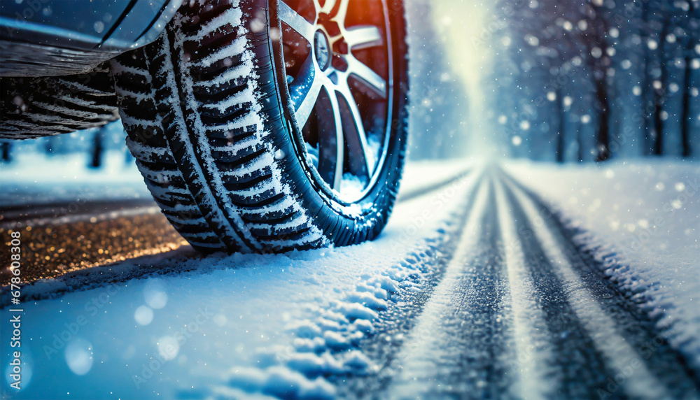 Side and bottom view of the close-up of a car with winter tires on a snowy and icy road while it is snowing.
