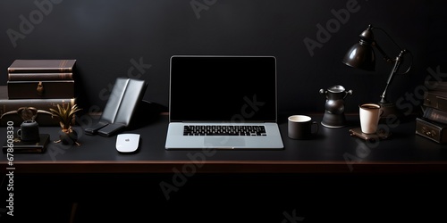 Modern workplace with dark luxury style with copy space and office supplies. 