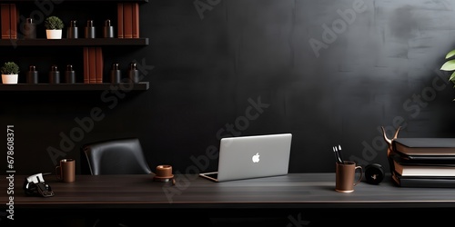 Modern workplace with dark luxury style with copy space and office supplies.  photo